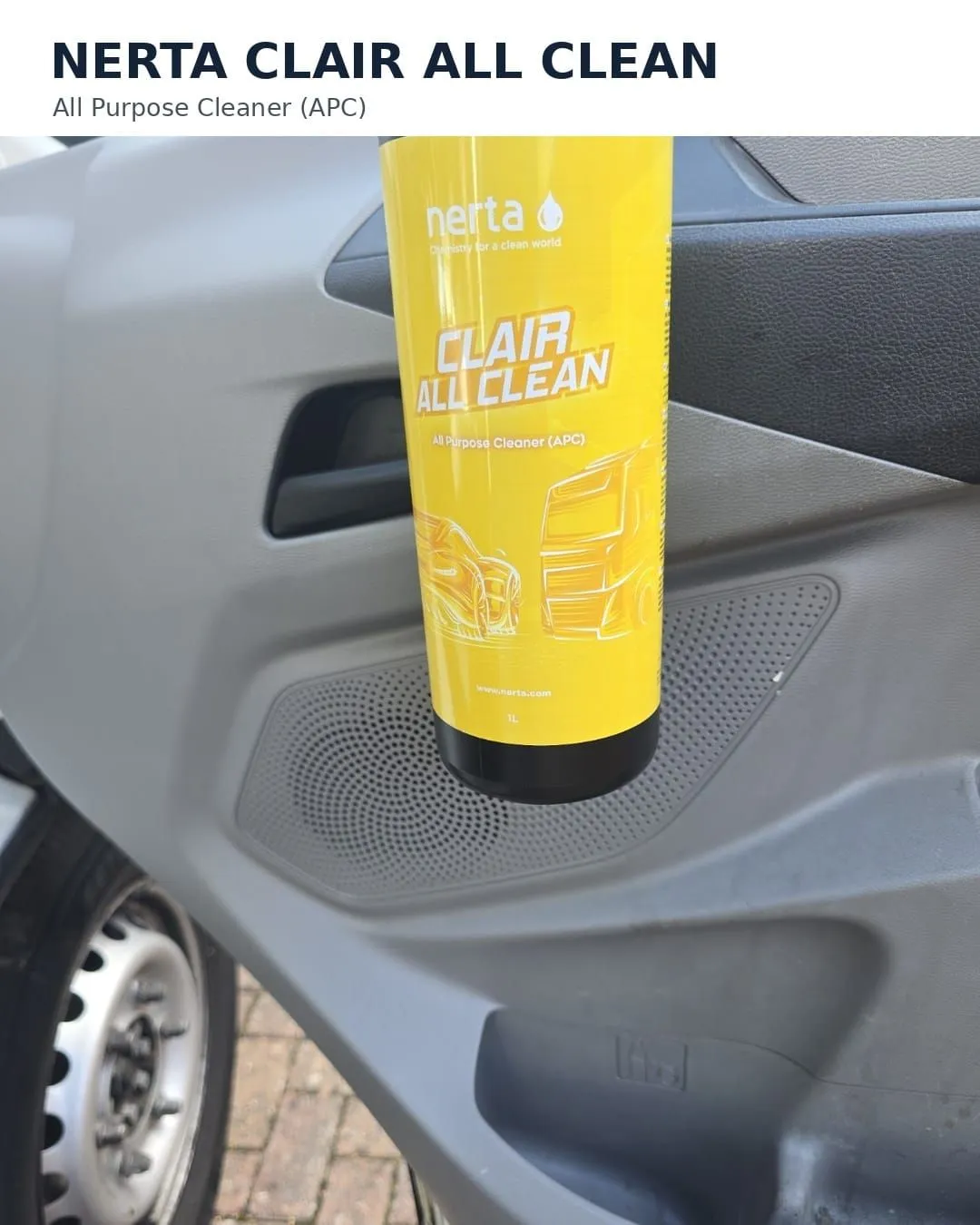 Nerta Clair All Clean all-purpose cleaner used on a van door card