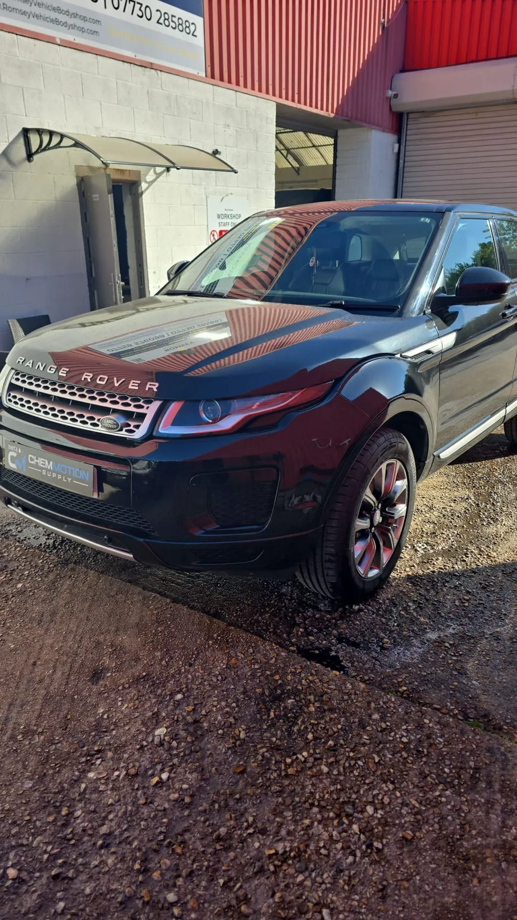 Range Rover Evoque freshly washed with Nerta products outside a Hampshire body shop