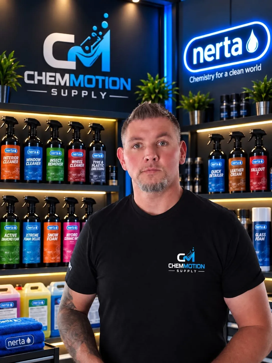 Mati, owner of ChemMotion Supply, in front of a wall of Nerta products